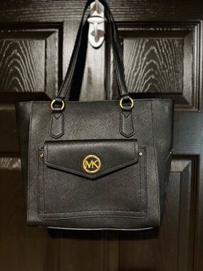 Michael Kors Black Saffiano Tote with Gold MK Accent